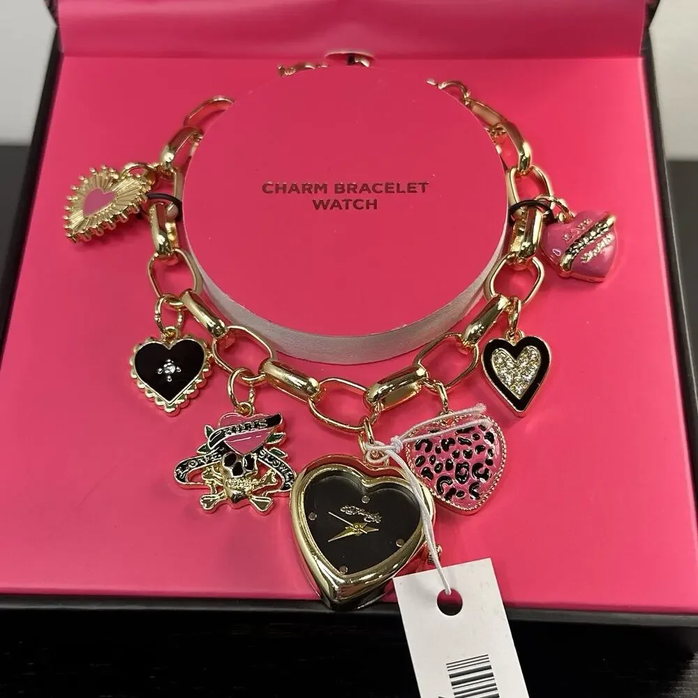 Ed Hardy NIB Gold Heart Charm Watch Bracelet Jewelry Y2K 2000s Style